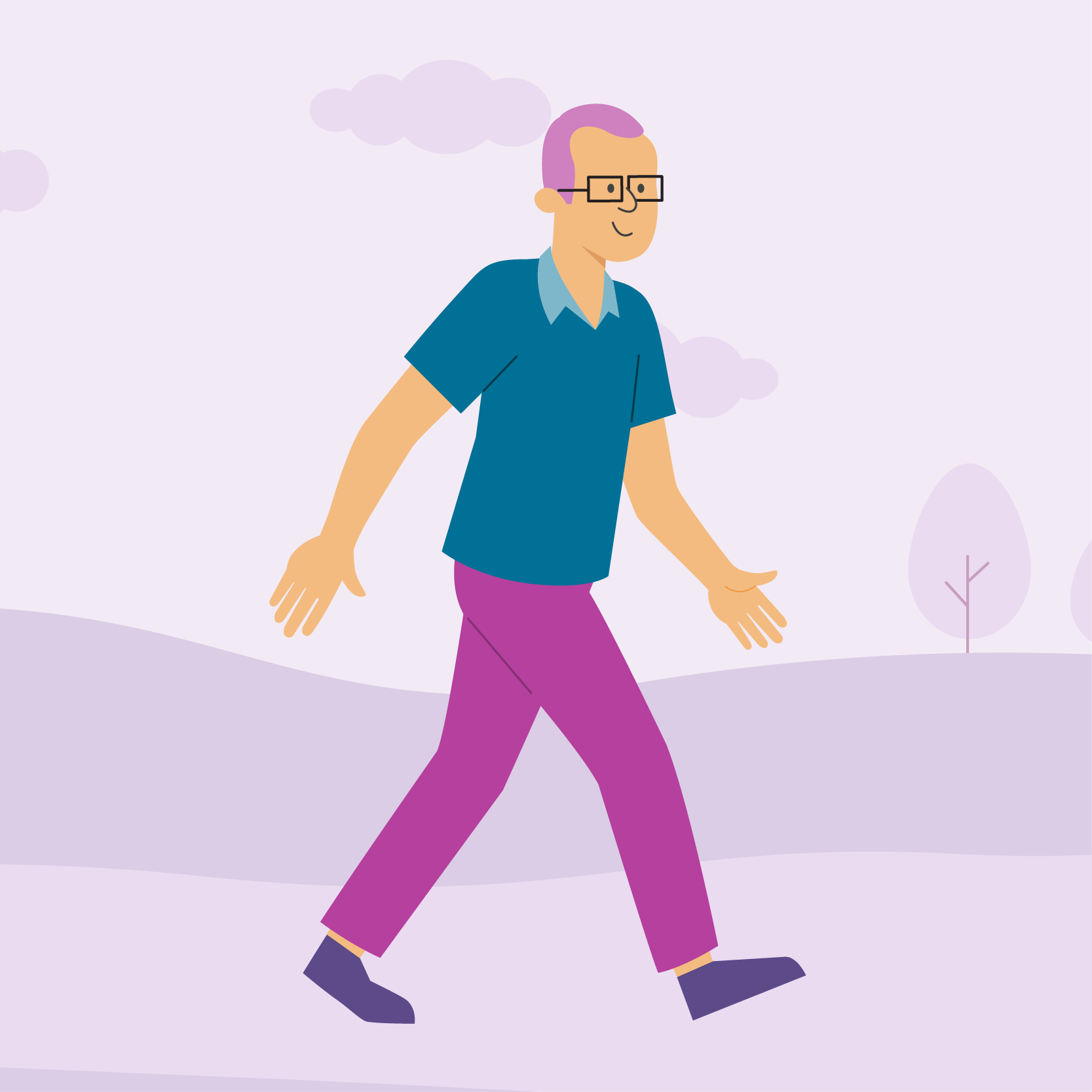 Илюстрация на възрастен мъж, ходещ с усмивка, символ на активен и здравословен начин на живот.